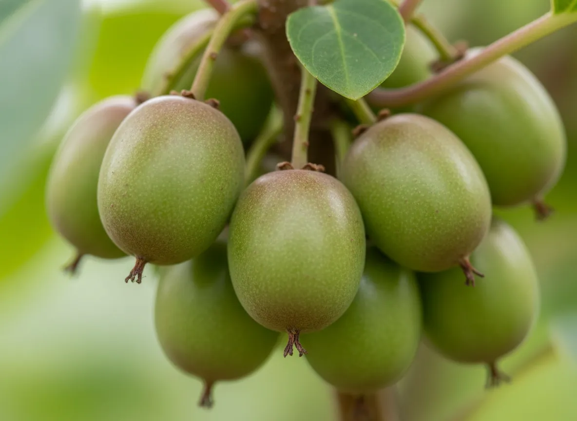 Zbliżenie na gładkie, zielone owoce mini kiwi aktinidii ostrolistnej