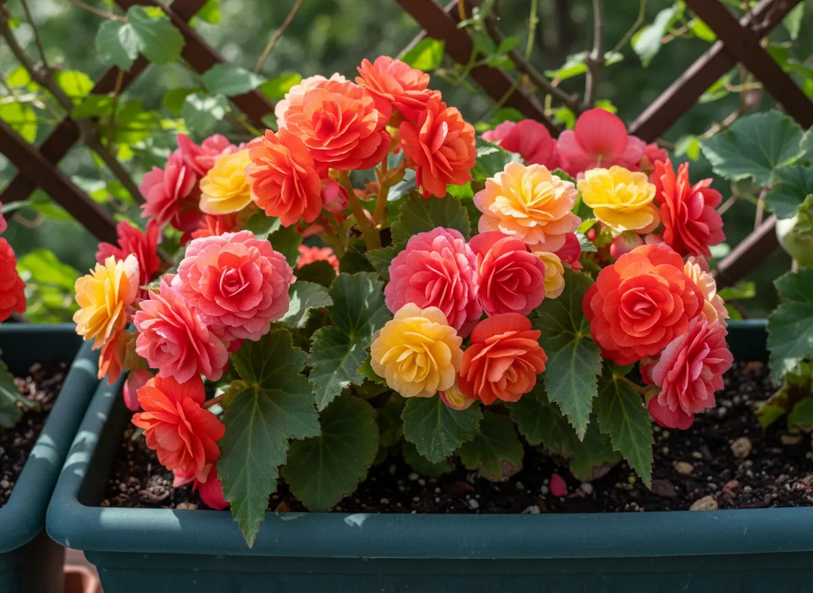 Begonia bulwiasta z dużymi, pełnymi czerwonymi kwiatami w cienistej donicy