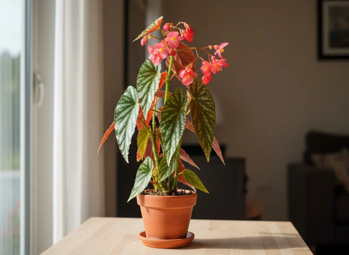 Begonia koralowa w doniczce, o wysokich kolankowatych pędach i zwisających gronach czerwonych kwiatów