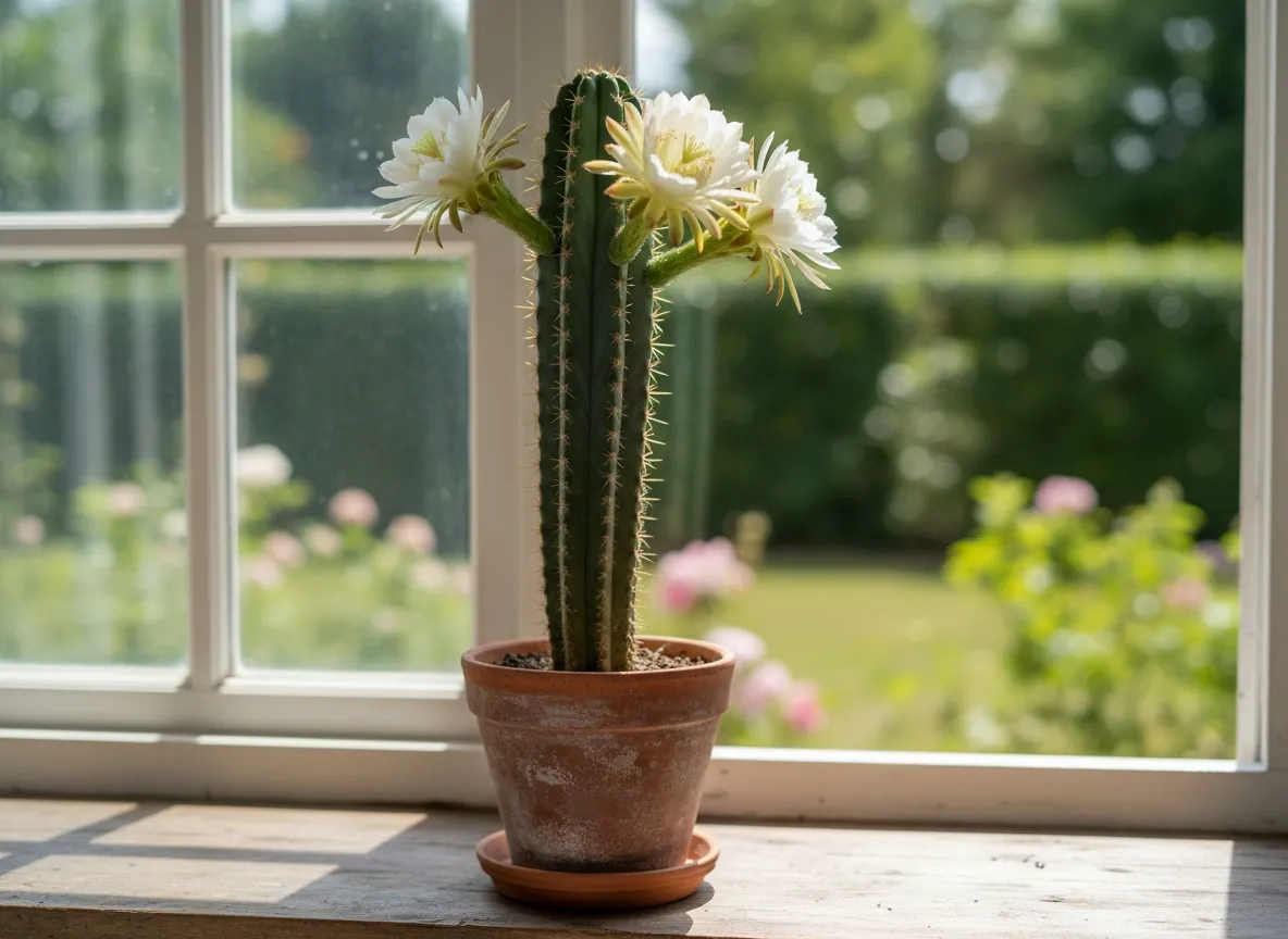 Kolumnowy cereus peruwiański o sinozielonych, żebrowanych pędach w doniczce