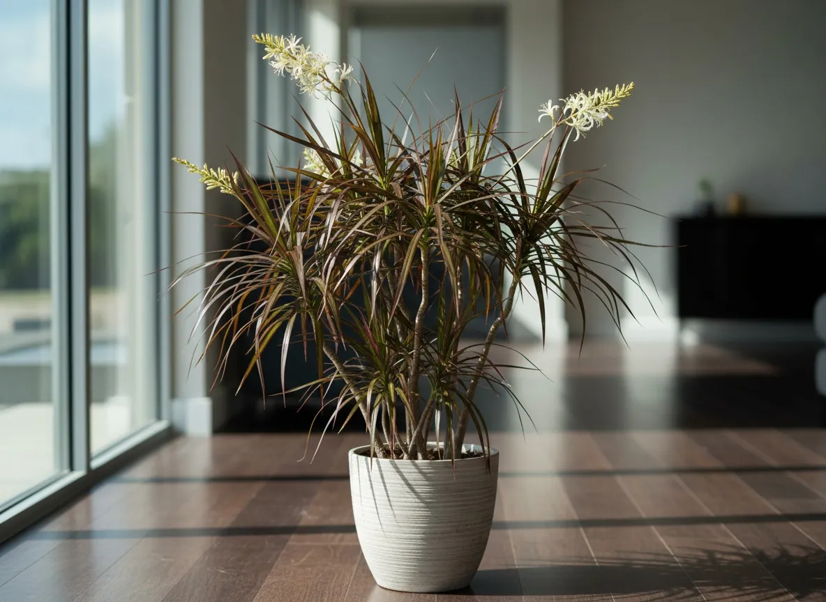 Dracena obrzeżona o smukłym pniu i pióropuszu wąskich liści w donicy
