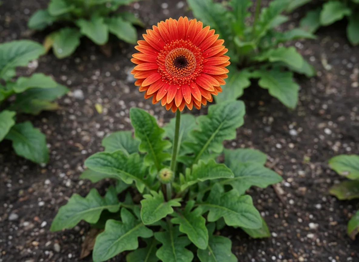 Kwitnąca gerbera ogrodowa w doniczce z dużym pomarańczowym kwiatostanem