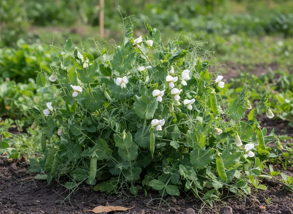 Groch siewny wspinający się po siatce, z zielonymi strąkami