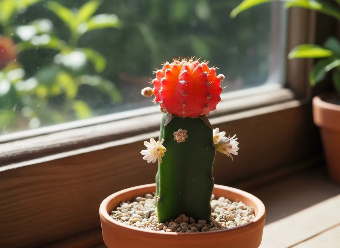 Czerwona kula gymnocalycium zaszczepiona na zielonej podkładce w doniczce