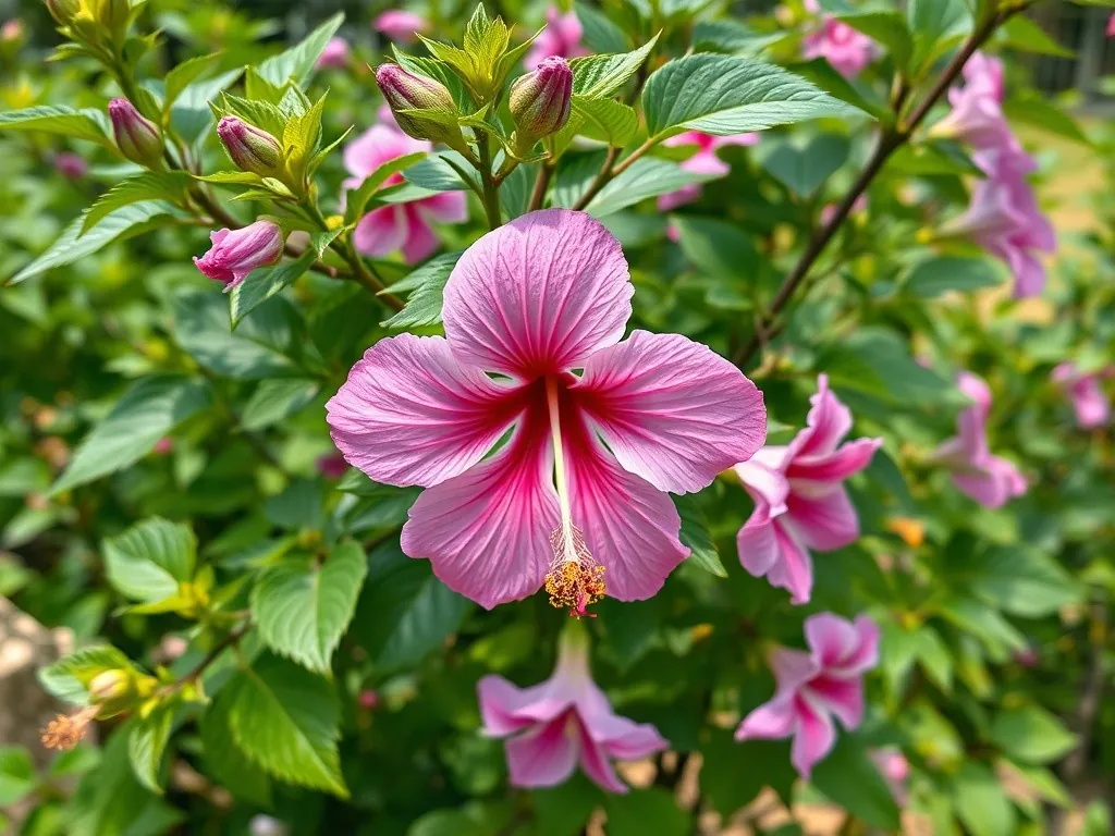Kwitnący krzew hibiskusa ogrodowego z dużymi fioletowymi kwiatami