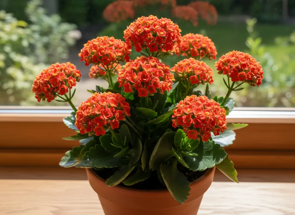 Kalanchoe Blossfelda o mięsistych liściach i gęstych czerwonych kwiatostanach w doniczce