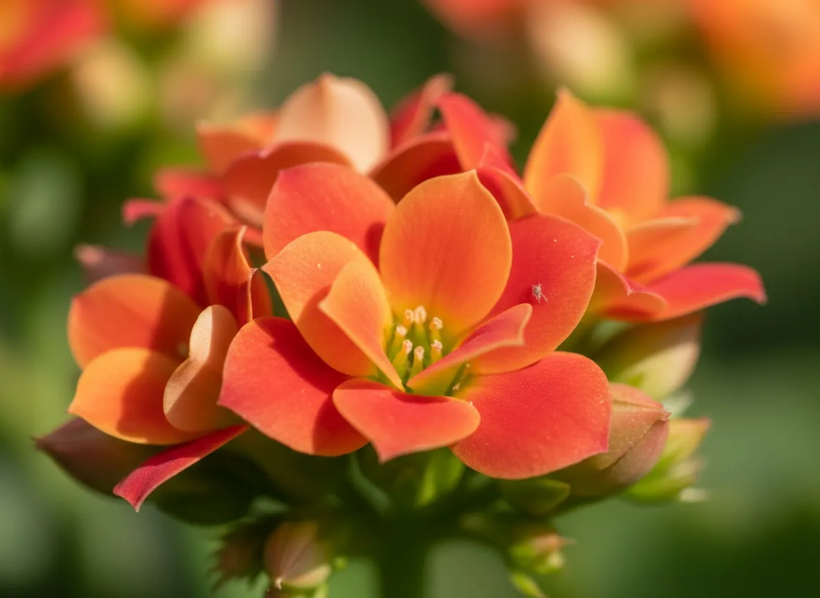 Zbliżenie na baldach drobnych, czerwonych kwiatów kalanchoe