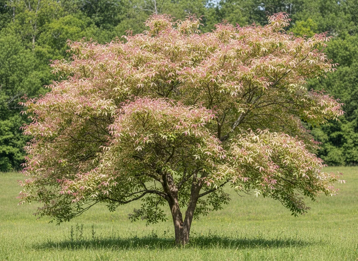Klon jesionolistny 'Flamingo' o pstrych, różowo-biało-zielonych liściach