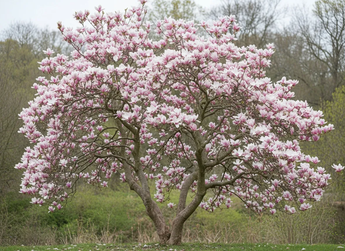 Kwitnąca magnolia pośrednia obsypana różowymi kwiatami