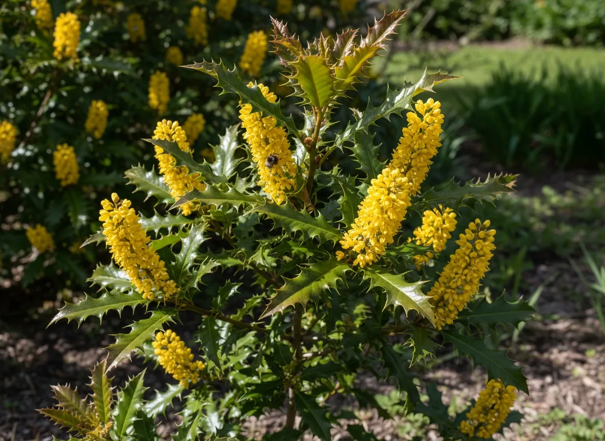 Kwitnąca mahonia pospolita z żółtymi kwiatostanami i kolczastymi, błyszczącymi liśćmi