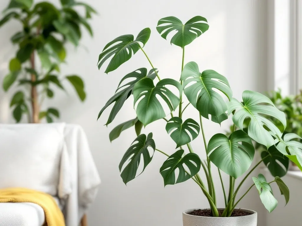 Monstera dziurawa z dużymi, nacinanymi liśćmi na tyczce kokosowej