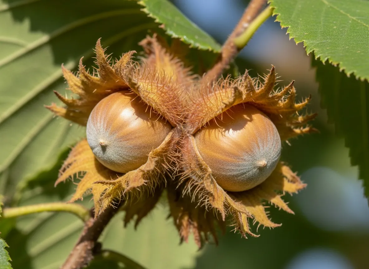 Grono orzechów leszczyny tureckiej otulonych postrzępioną, gruczołowatą okrywą