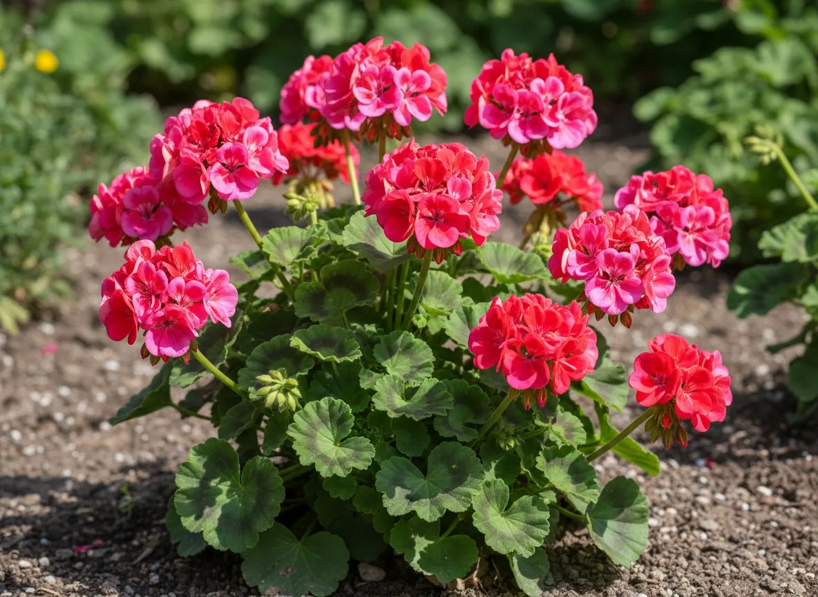 Kwitnąca czerwona pelargonia rabatowa w skrzynce balkonowej