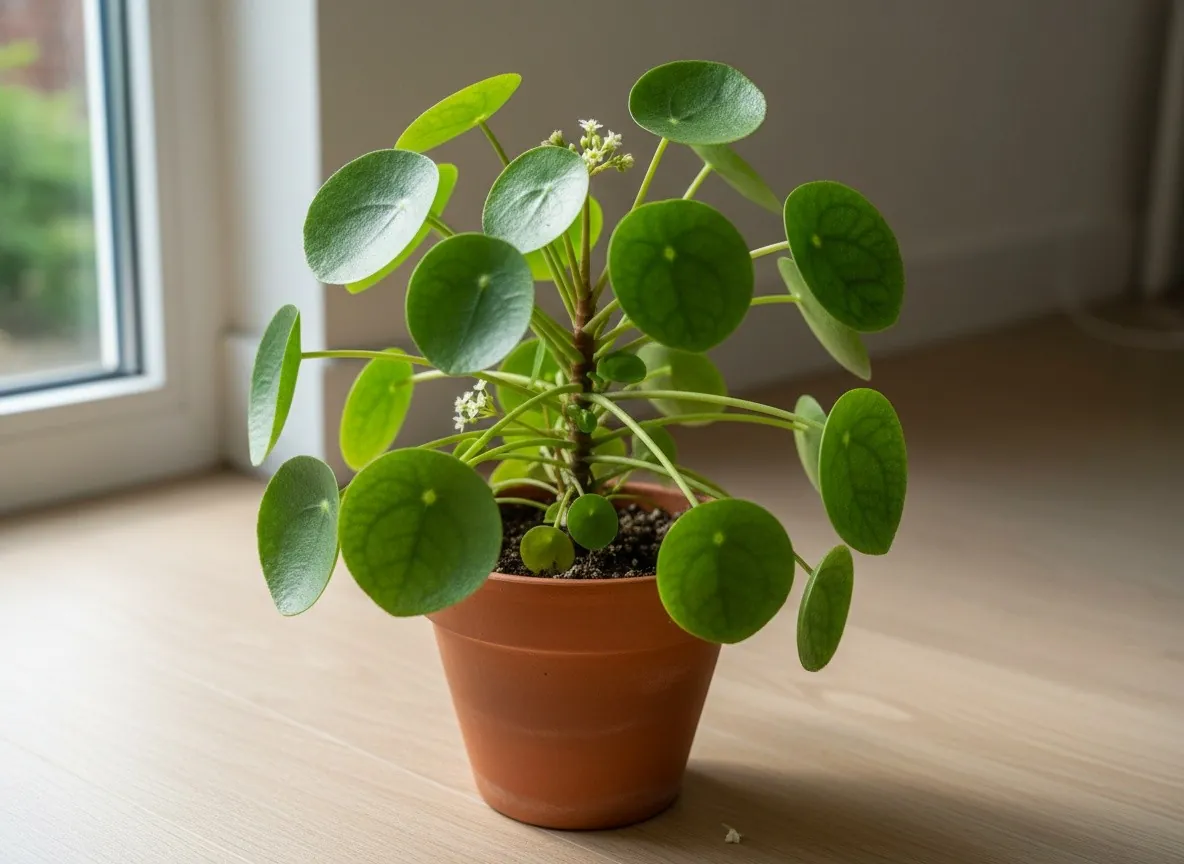 Pilea pieprzowcowata z okrągłymi liśćmi na długich ogonkach w doniczce