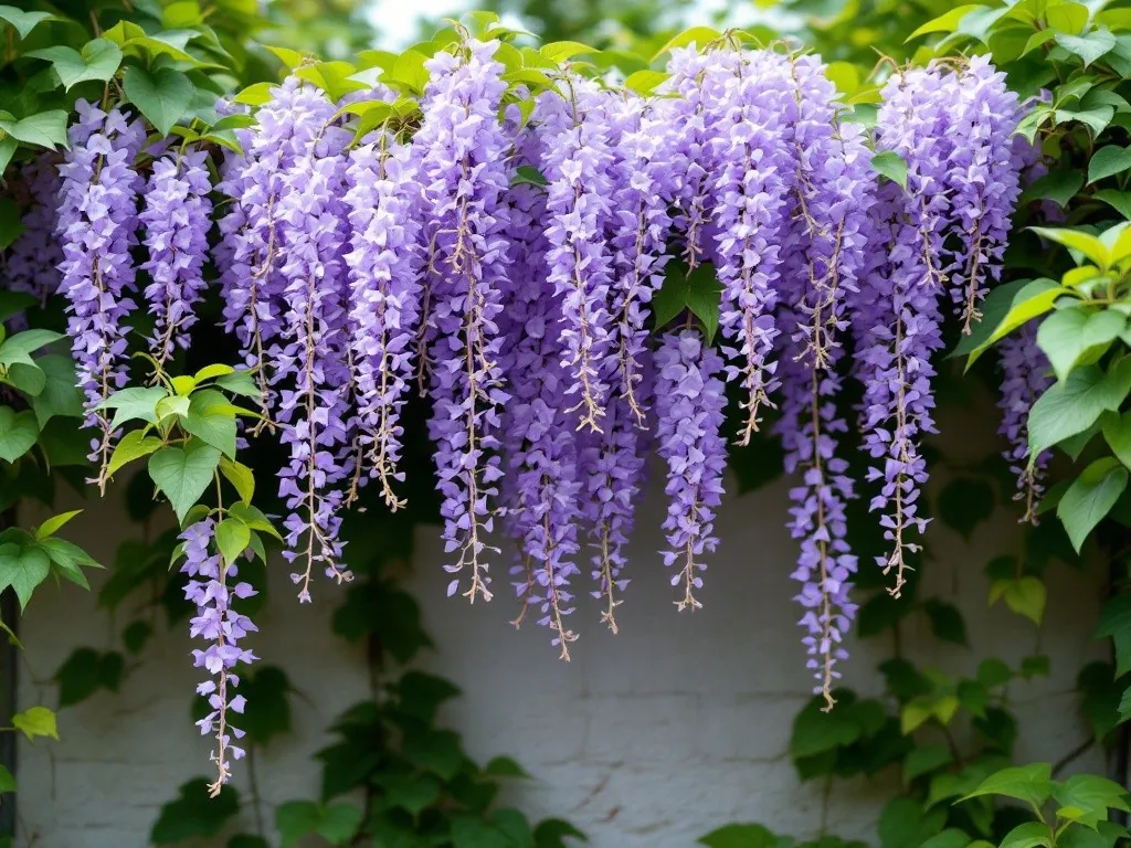 Pergola porośnięta kwitnącą wisterią kwiecistą z liliowo-fioletowymi gronami